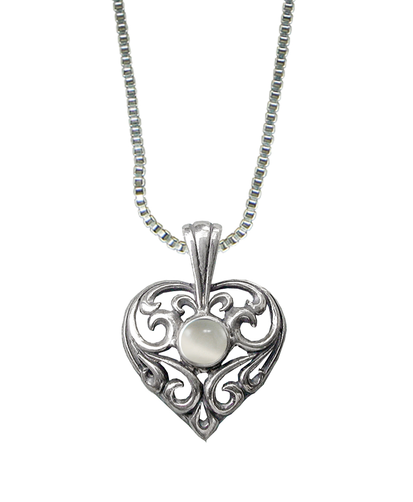 Sterling Silver Exceptional Filigree Heart Pendant With White Moonstone